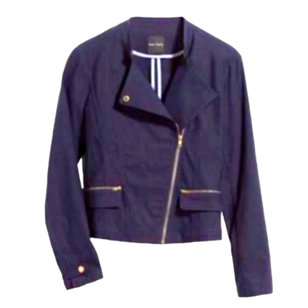 Eden Society Blazer‎ Moto Jacket Navy Blue Stretch Cargo Gold  Zipper Pocket M